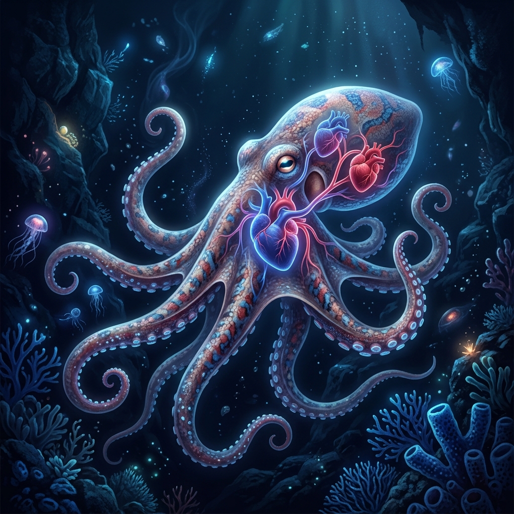 High-quality realistic photography of an octopus underwater, showing its skin texture and camouflage in its natural ocean habitat.