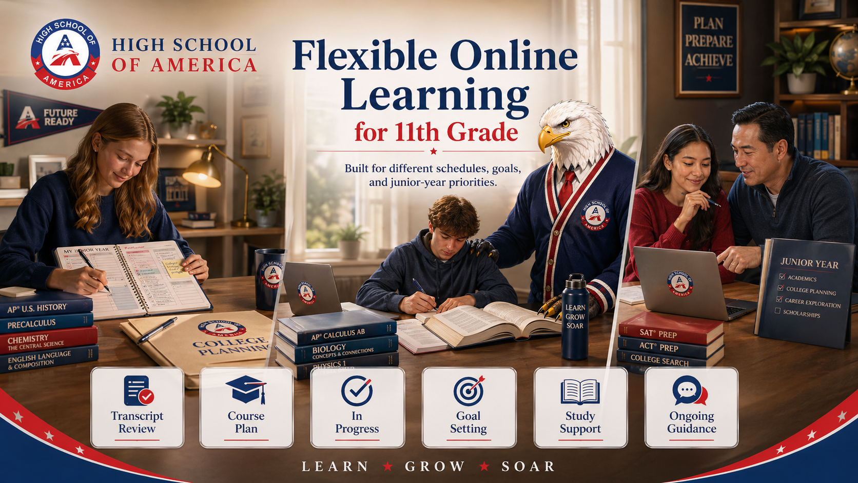 Online 11th grade flexible learning environment showing transcript review, course plan, advisor support, and progress checkpoints panels for junior-year planning.