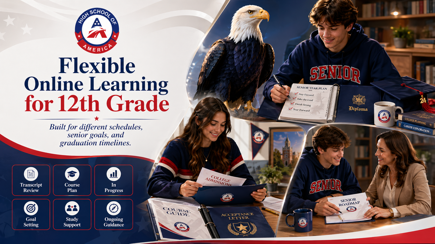 Online 12th grade flexible learning environment showing transcript review, course plan, advisor support, and graduation-progress tracker panels for senior-year completion.