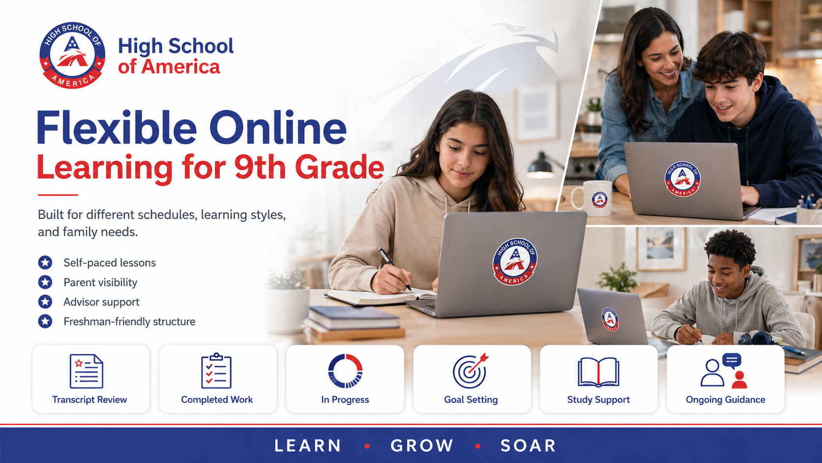 Online 9th grade flexible learning environment showing courses completed, in progress, transfer evaluation, and advisor support panels.
