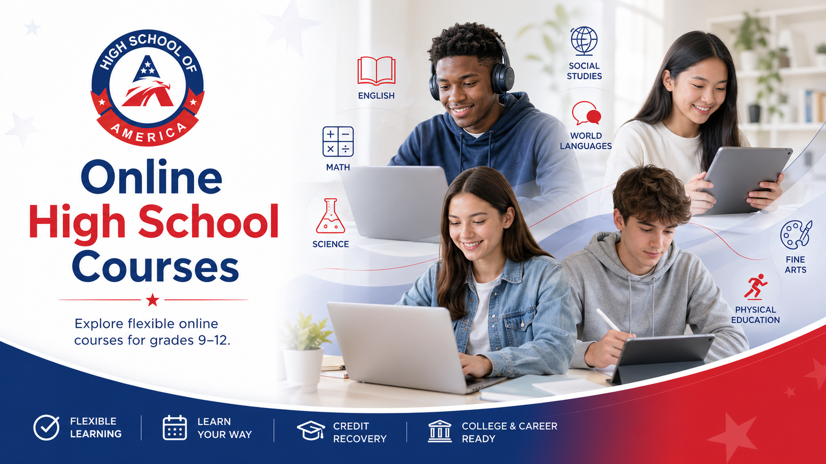 High School of America online high school courses for grades 9 to 12, with students at laptops and subject icons for English, math, science, social studies, world languages, fine arts, and physical education