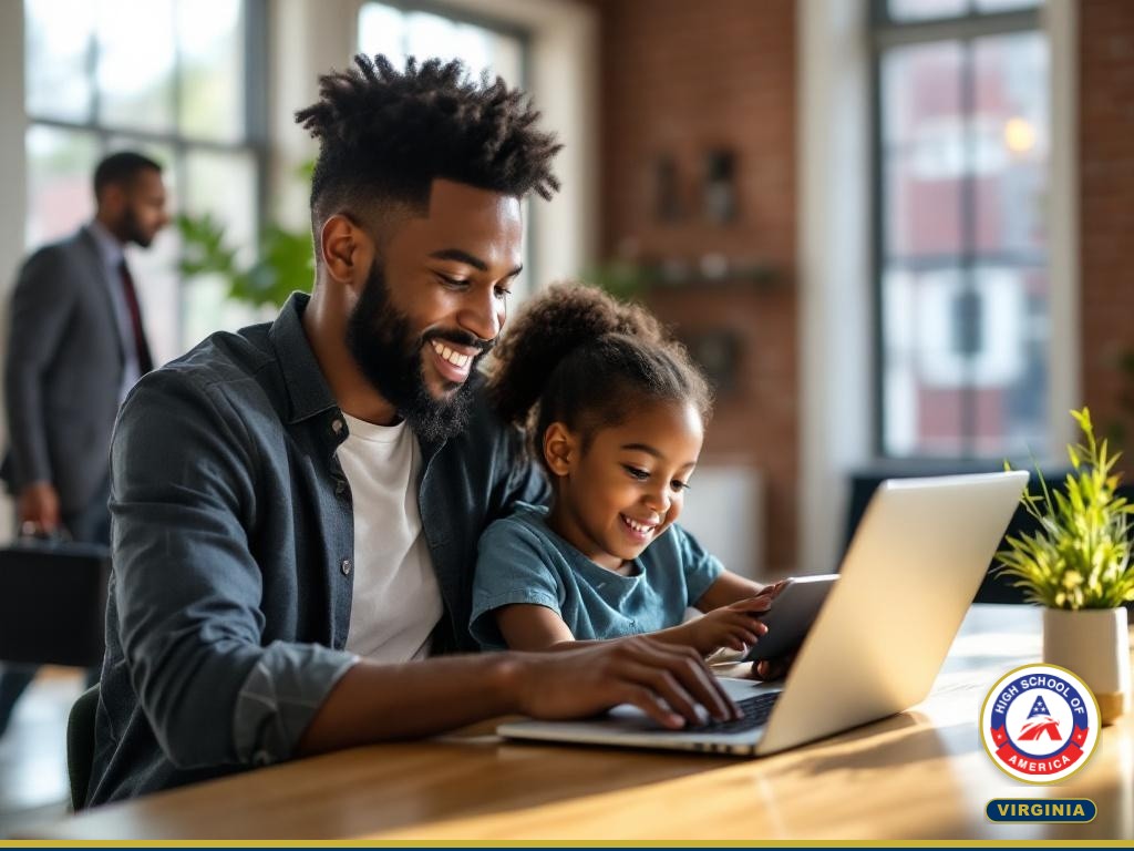 Richmond family with students doing online schoolwork at home