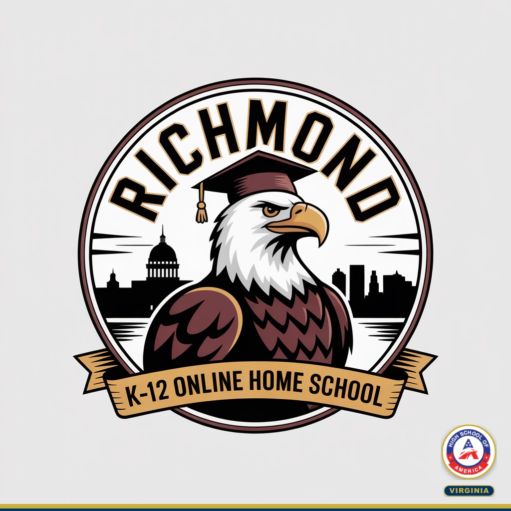 Richmond K-12 Online Home School HSOA eagle mascot with Virginia State Capitol and James River