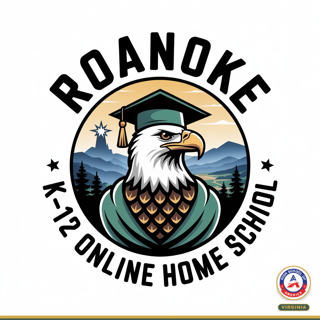Roanoke K-12 Online Home School HSOA eagle mascot with Roanoke Star and Blue Ridge Mountains