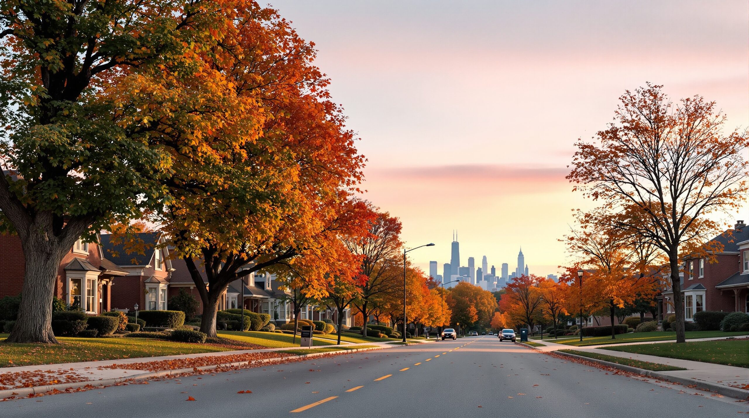 Suburban northwest Chicago neighborhood near Schaumburg Illinois at golden hour, online K-12 home school for families