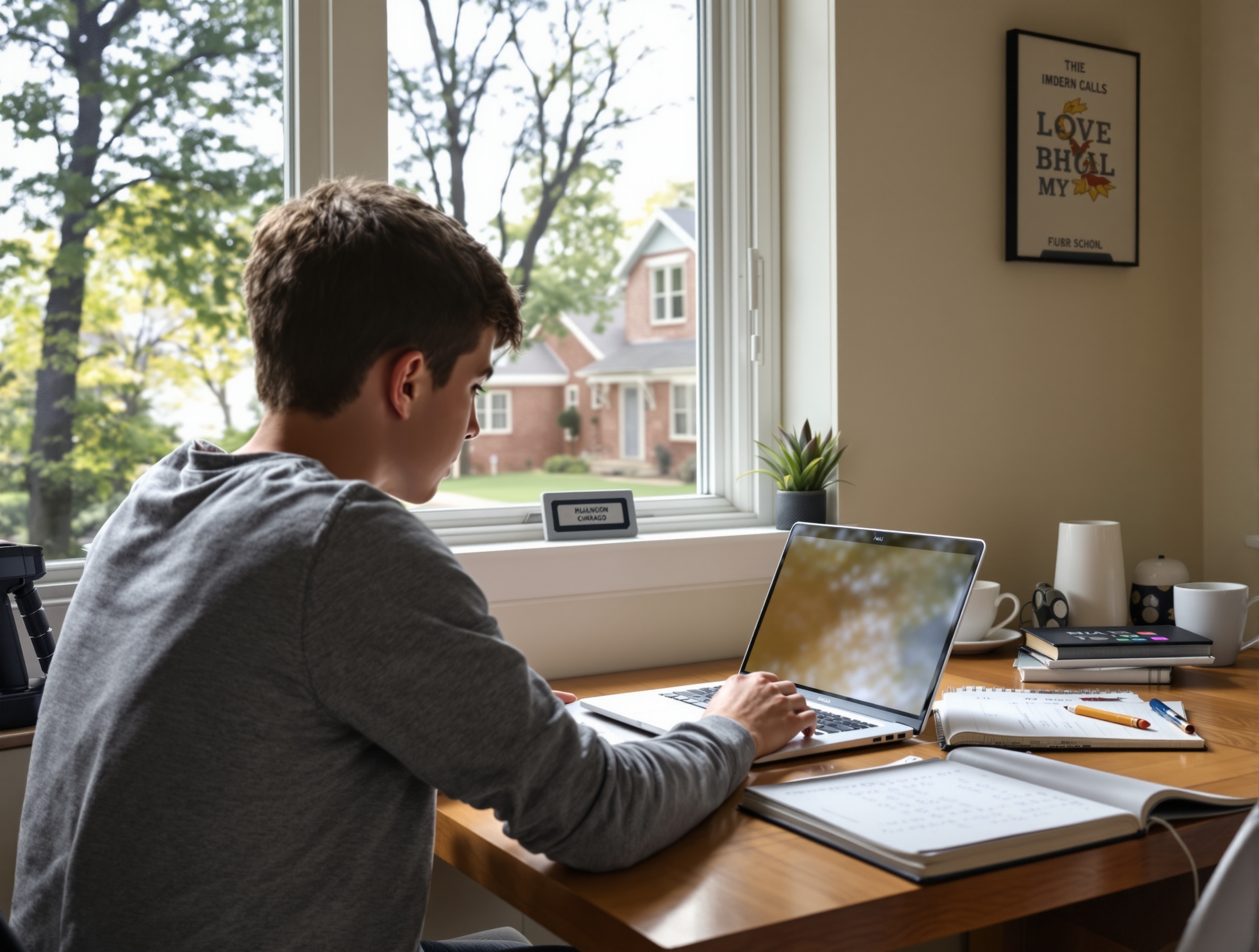 Older student at home desk in suburban Chicago Schaumburg Illinois studying online K-12 coursework on a laptop