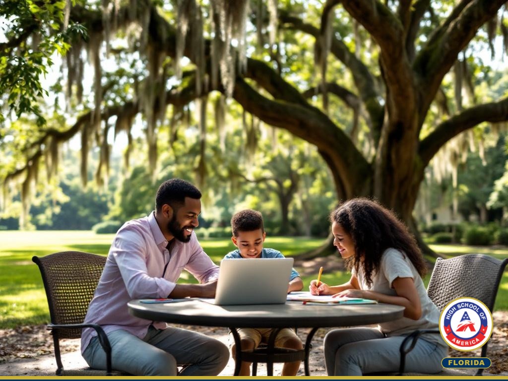 Tallahassee family studying outdoors under live oak trees with Spanish moss