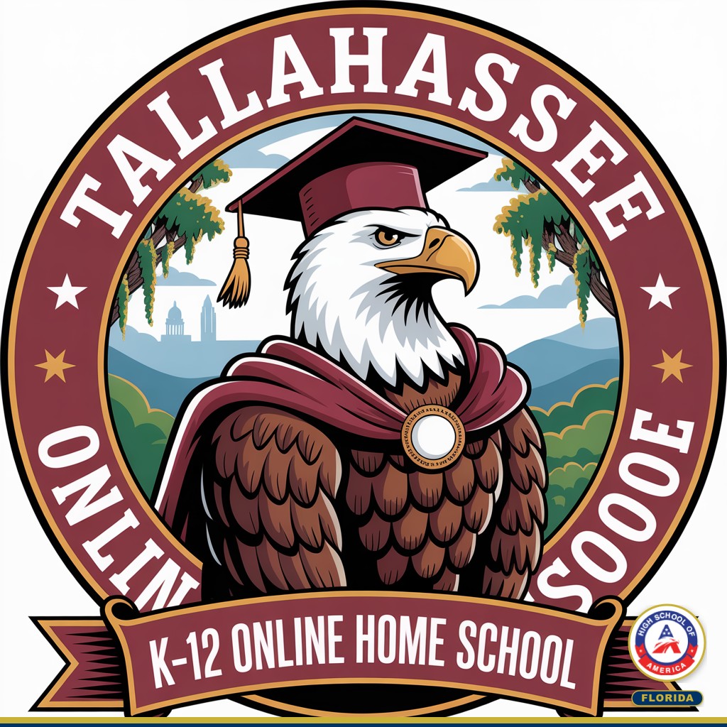 Tallahassee K-12 Online Home School HSOA eagle mascot with Capitol dome and live oak trees
