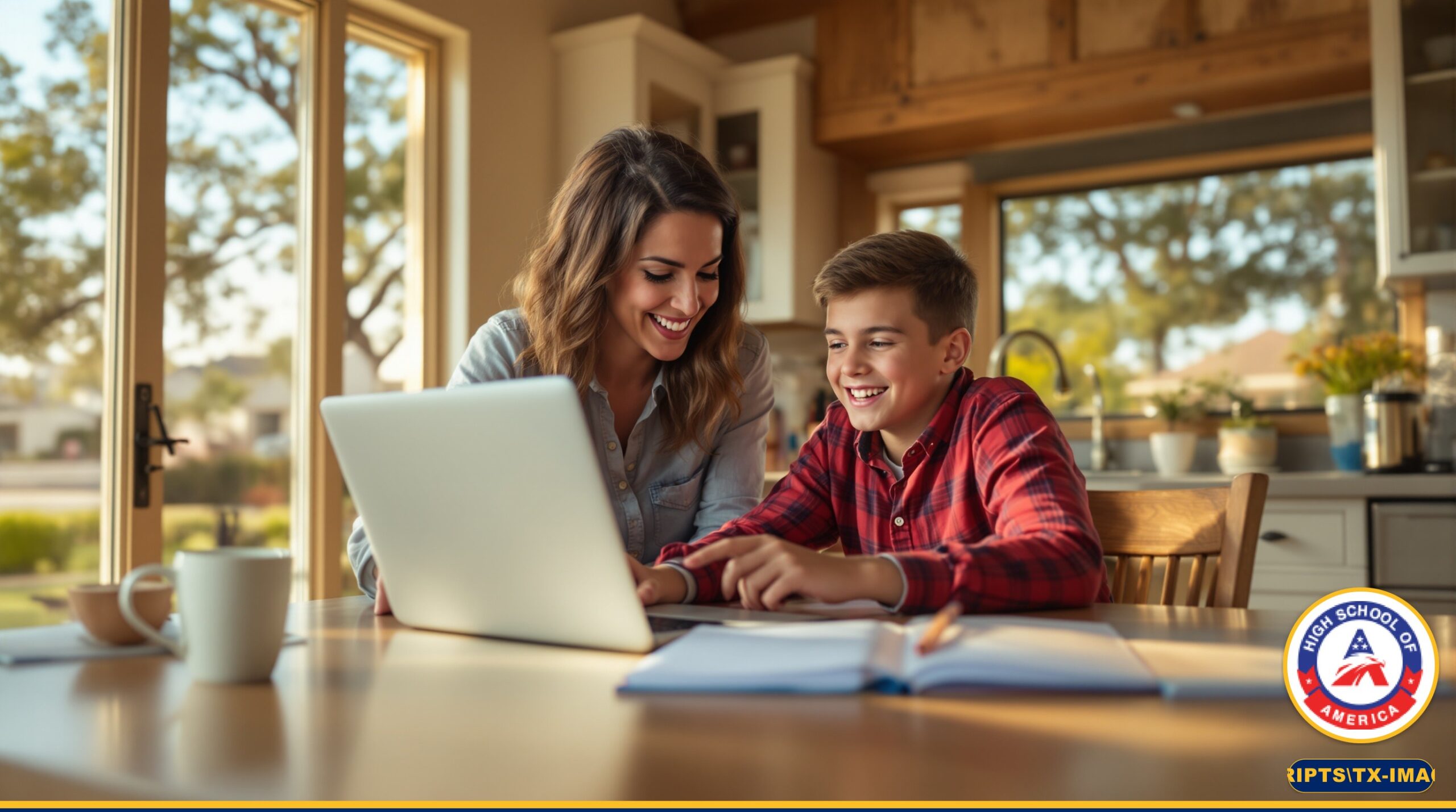 Texas family doing online home school at kitchen table