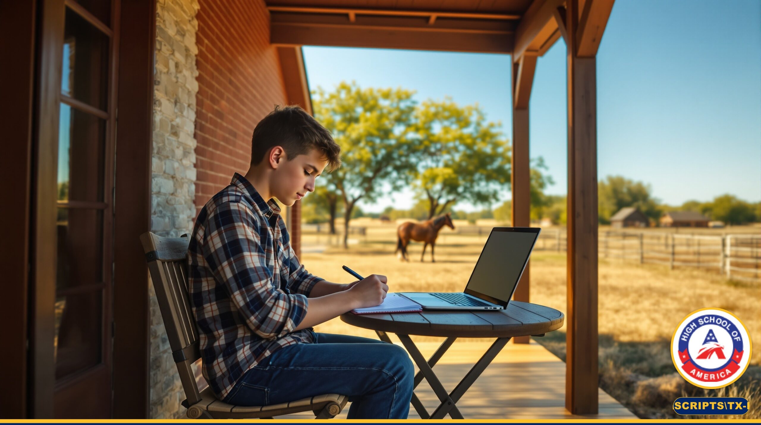 Rural Texas ranch student doing online school from home