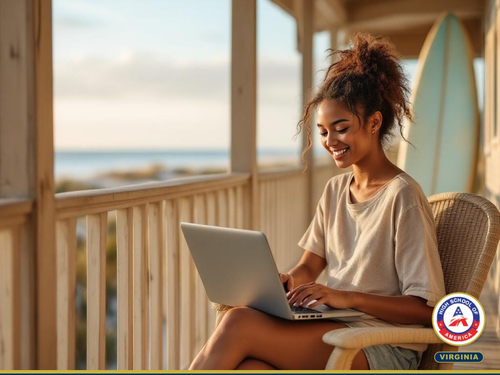 Virginia Beach student studying online from beach house porch