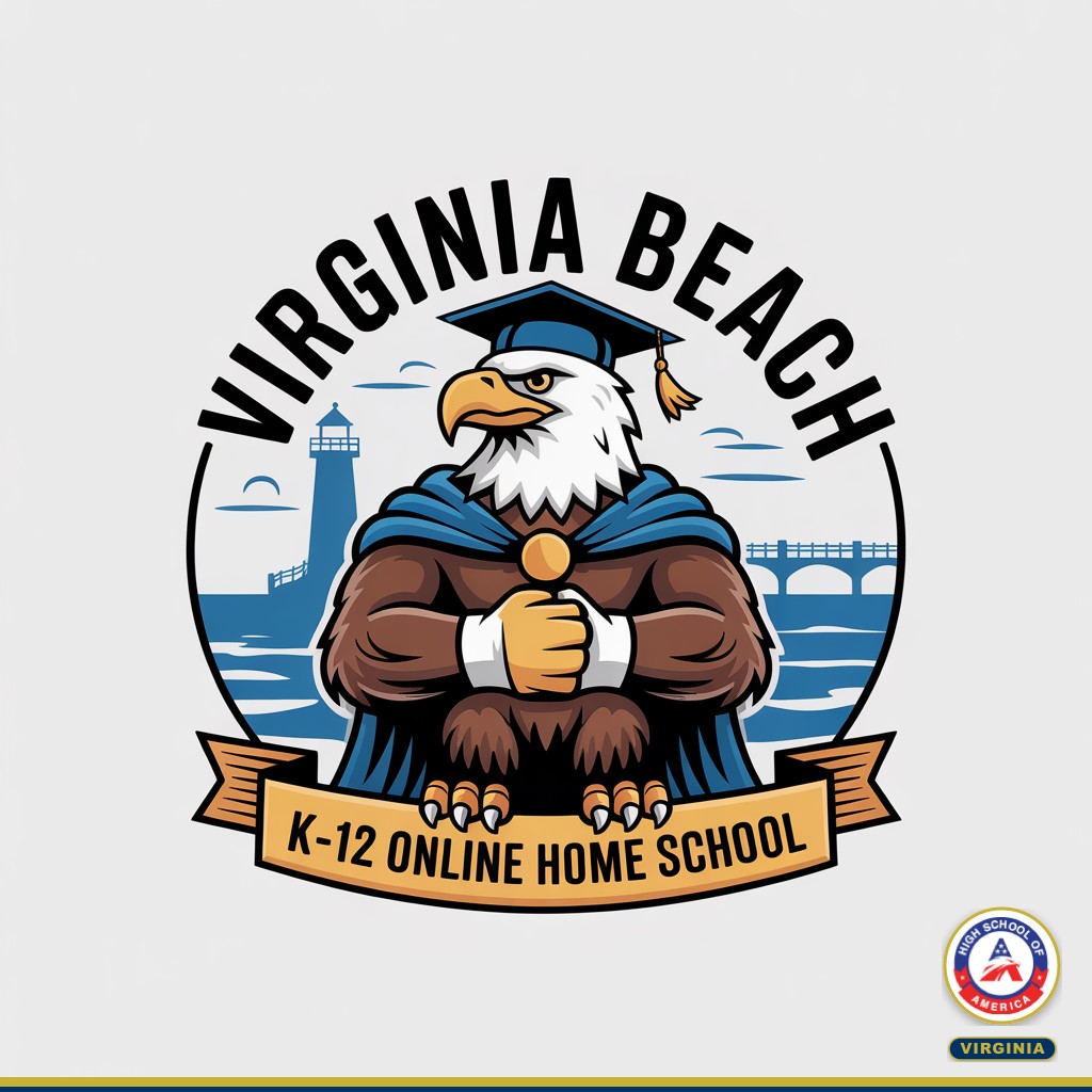 Virginia Beach K-12 Online Home School HSOA eagle mascot with oceanfront and lighthouse