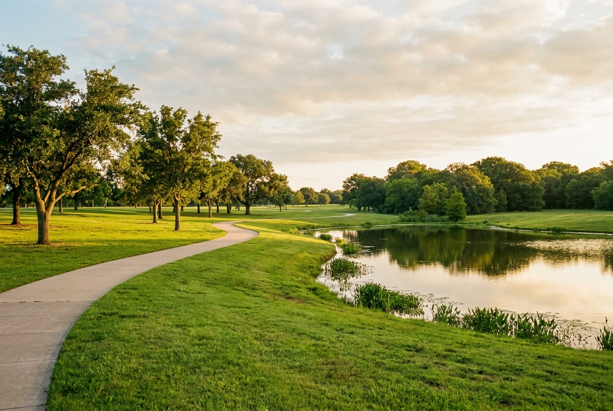 Allen Texas online homeschool: a green Allen, Texas park trail under North Texas oaks in Collin County.
