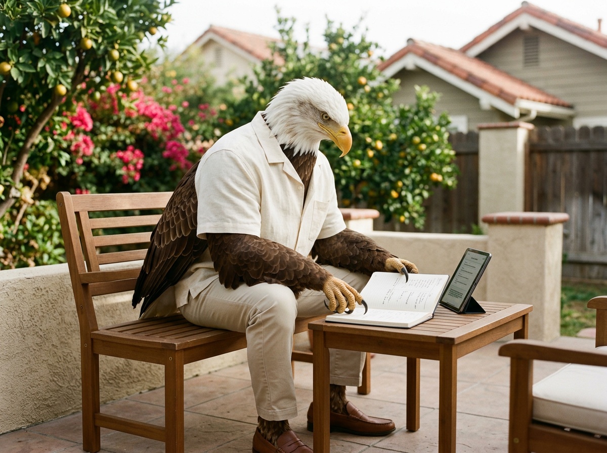 Anaheim K-12 Online Home School β Daily Routine Anaheim K-12 online home school daily routine β Eagle, Head of School, reviewing the day's lesson plan at a sun-lit back patio in a suburban Anaheim Orange County home.
