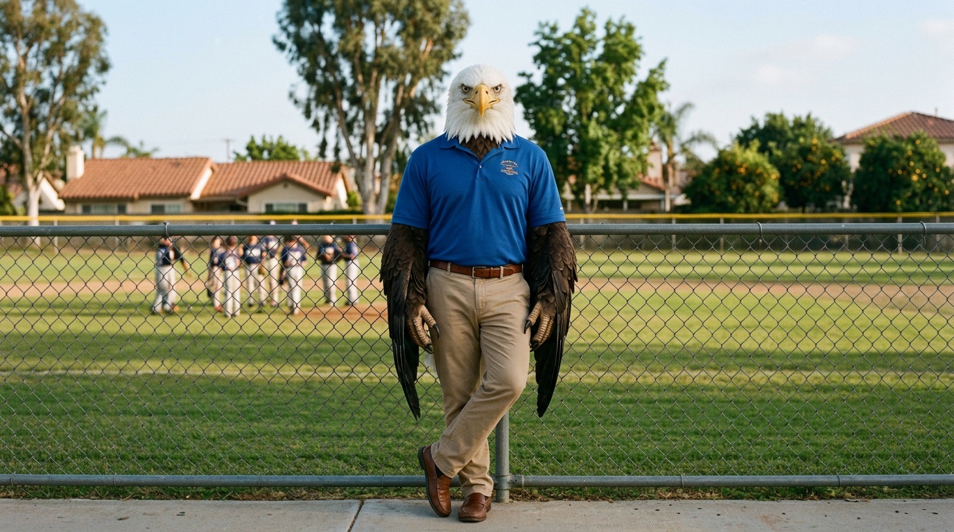 The Eagle, Head of School, stands on the sideline of a suburban Anaheim Little League baseball field at late afternoon, in an HSOA royal-blue polo and tan chinos. Kids in baseball uniforms play in the background.
