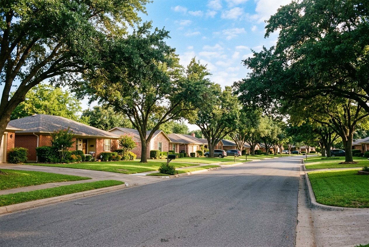 Arlington online home school K-12: an established tree-lined residential street in Arlington, Texas, in Tarrant County.