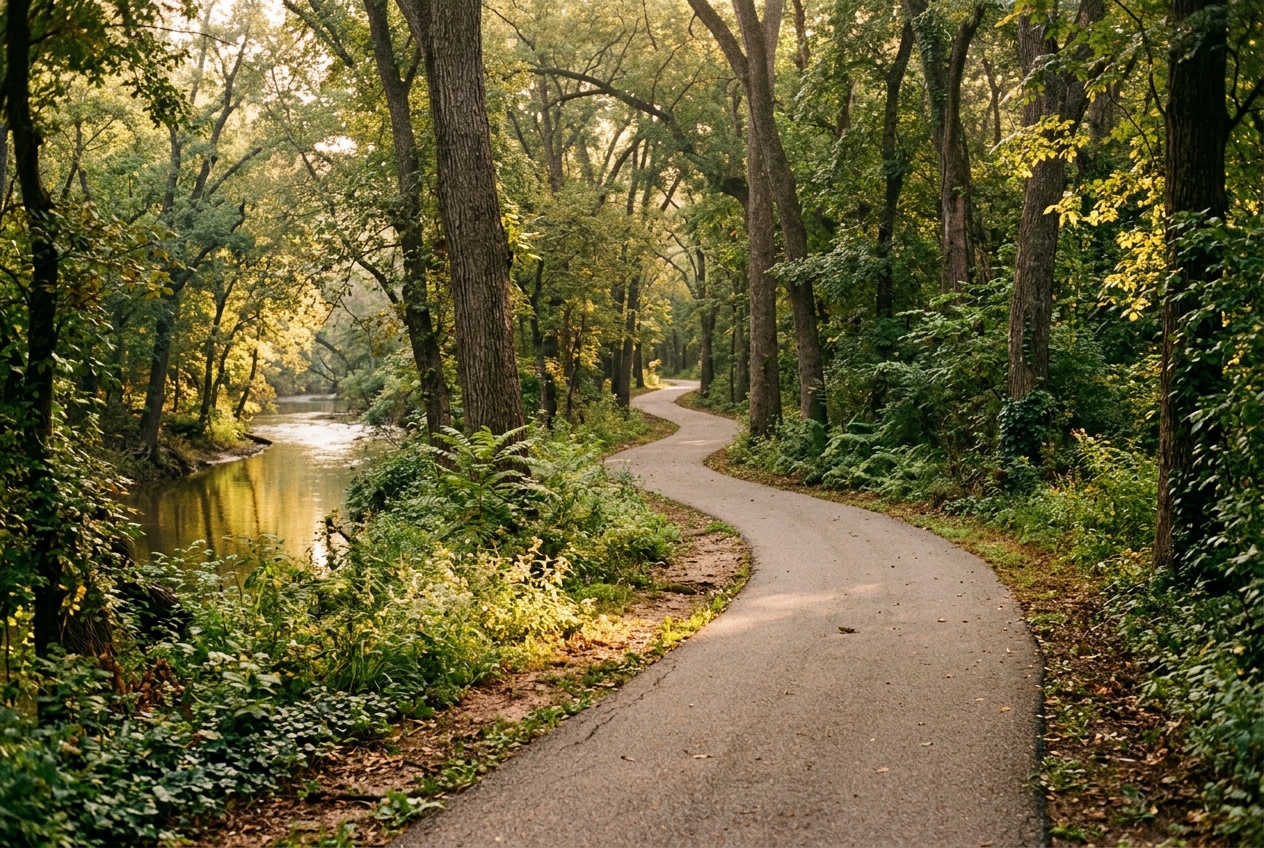 Arlington Texas online homeschool: a green wooded trail at a riverside park along the Trinity River in Arlington, Texas.