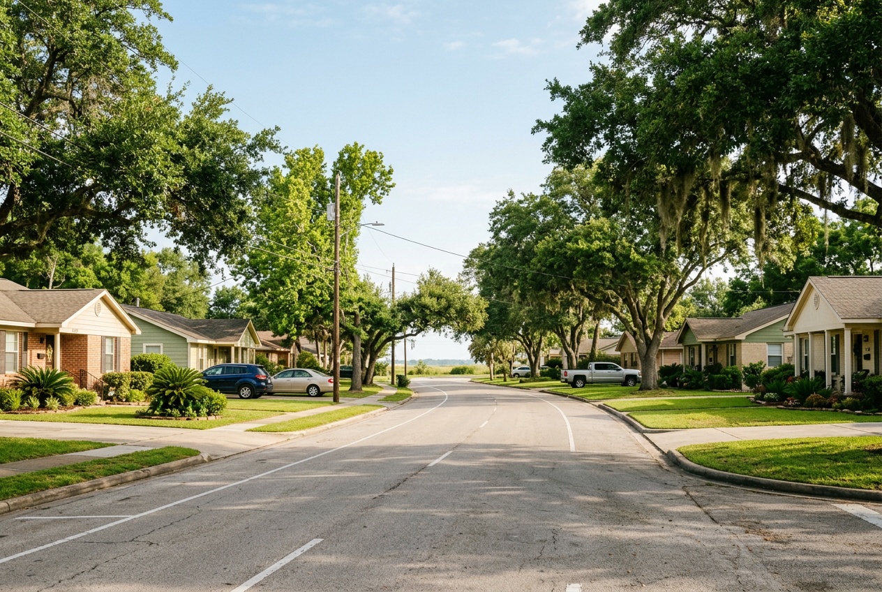 Baytown online home school K-12: a green tree-lined residential street in Baytown, Texas, on the Texas Gulf Coast near Houston.