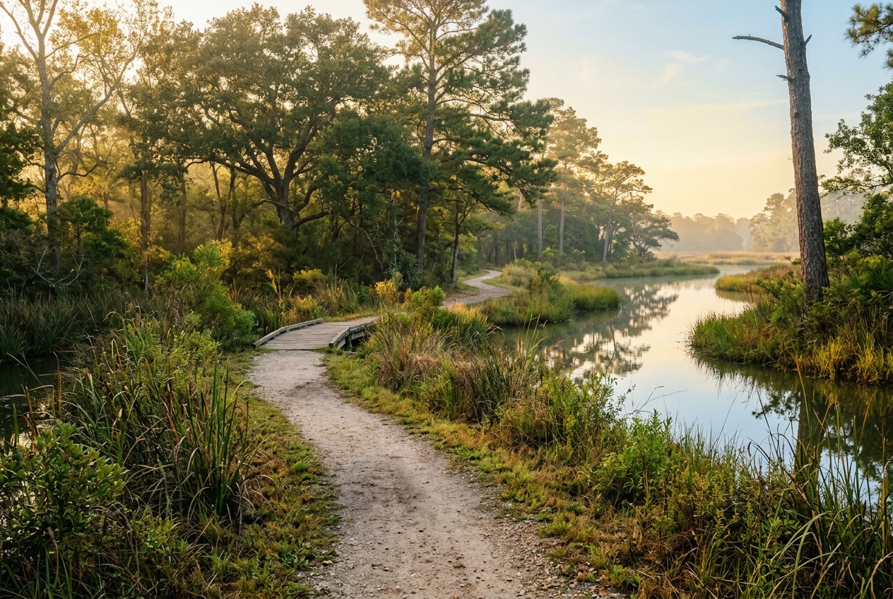 Baytown Texas online homeschool: a green coastal nature trail through woods and wetlands near Baytown, Texas.