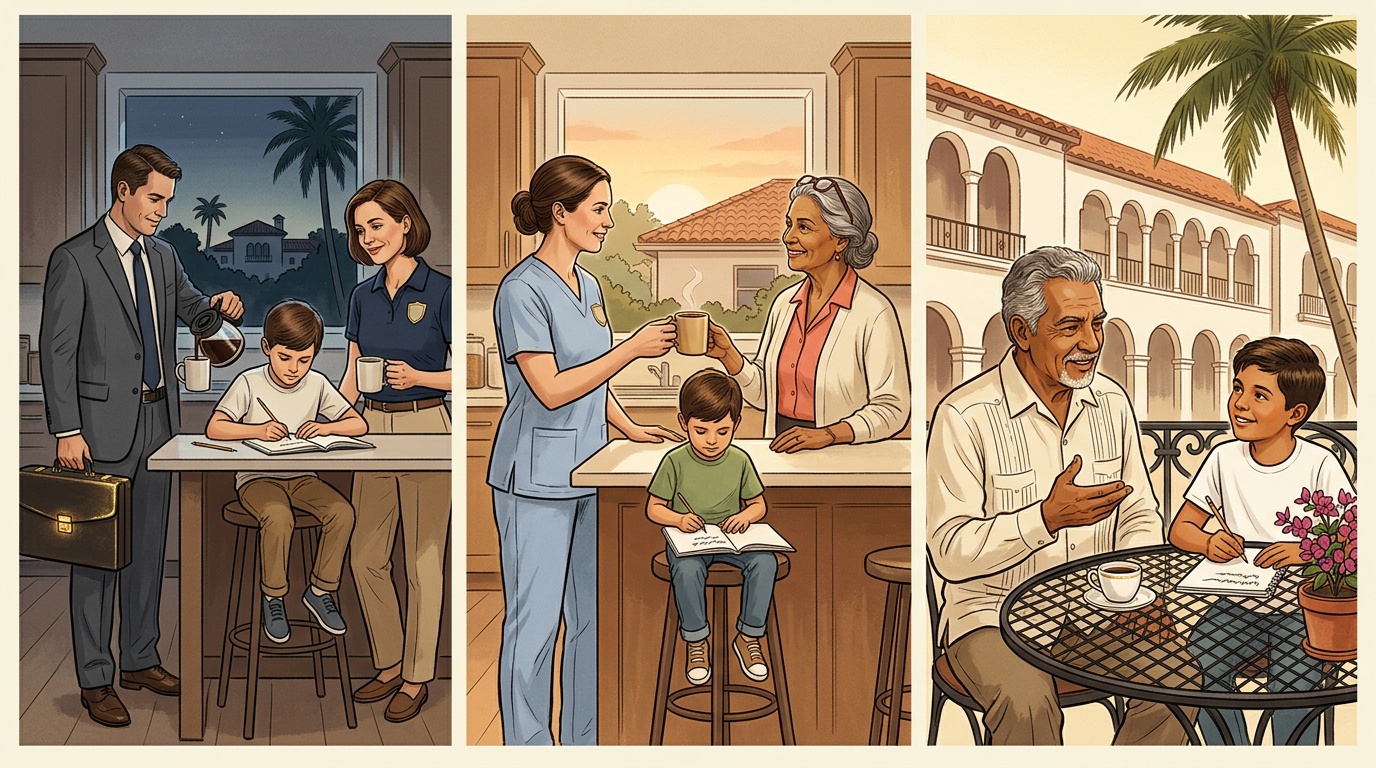 Boca Raton K-12 online home school comic strip: pre-dawn I-95 commuter handoff at the kitchen island, BRRH shift handoff with a bilingual Latin American grandmother, and a Mizner Park Saturday morning with a multi-generational grandfather in a guayabera