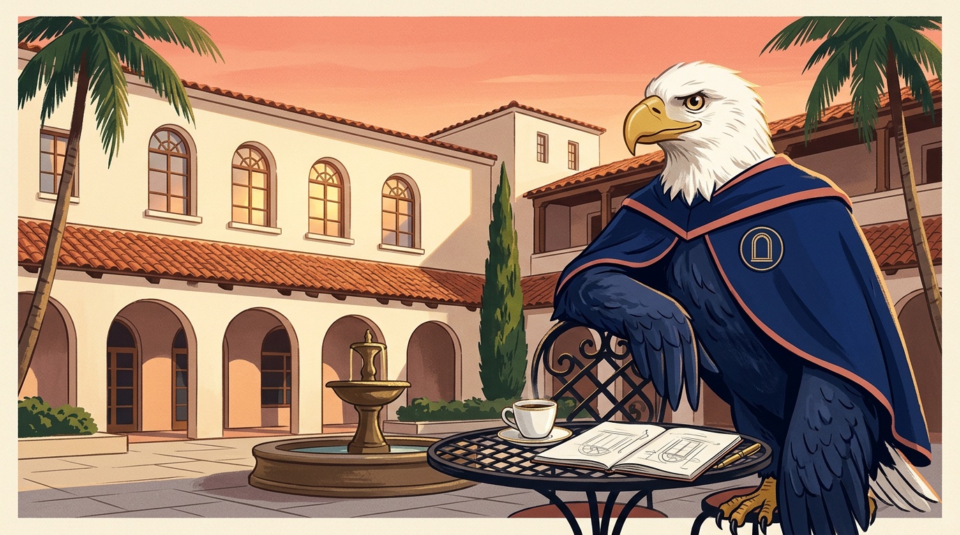 Boca Raton K-12 online home school Eagle illustration at the Mizner Park central courtyard with Spanish-Revival arched windows, terracotta tile roofs, a small bronze fountain, and royal palms at golden hour