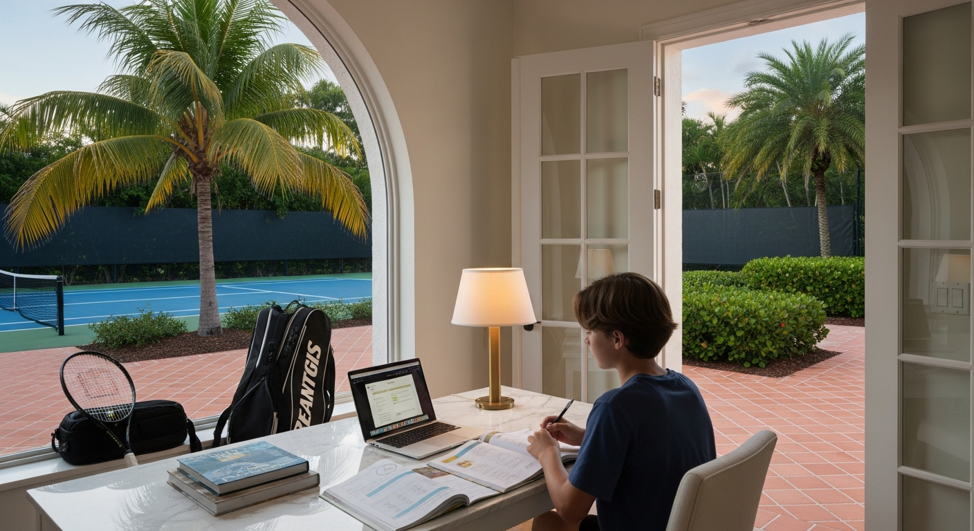 Boca Raton family at home doing K-12 online home school morning coursework, Palm Beach County