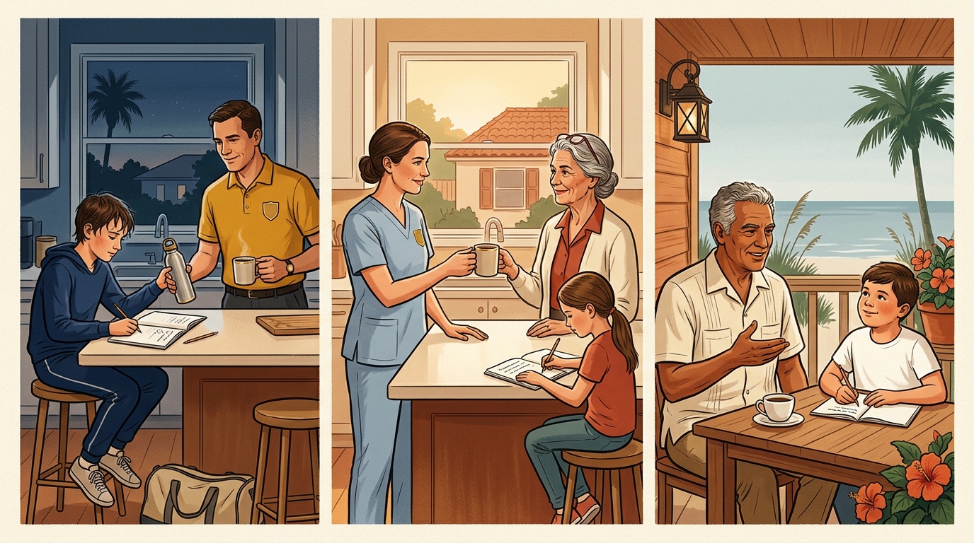 Bradenton K-12 online home school comic strip: pre-training IMG-Academy student-athlete morning at the kitchen island, <a href=