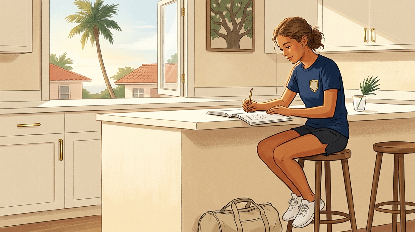 Bradenton student at home with paper notebook on the kitchen island in the morning light, sabal palm visible through the window, plain training duffel at the foot of the stool