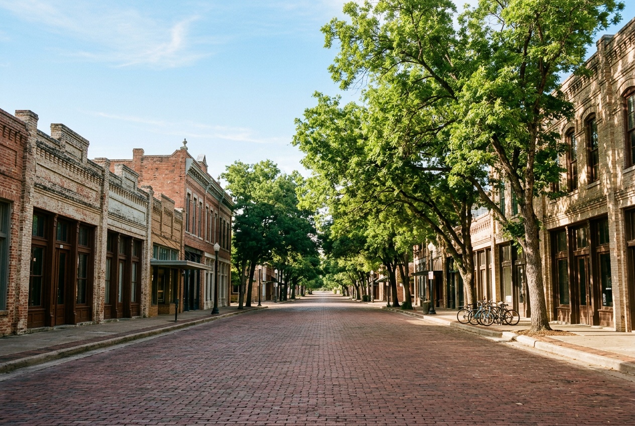 Bryan online home school K-12: a historic tree-lined brick street in downtown Bryan, Texas, in the Brazos Valley.