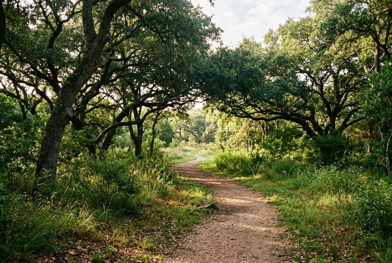 Bryan Texas online homeschool: a green oak-shaded park trail in Bryan, Texas, in the Brazos Valley.
