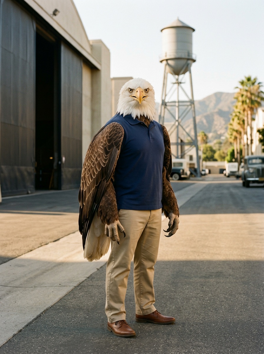 Burbank K-12 online home school. Eagle, Head of School, standing on a classic film-studio backlot in Burbank in the warm afternoon light, with a soundstage and a vintage studio water tower behind him and the Verdugo Mountains in soft focus on the horizon.
