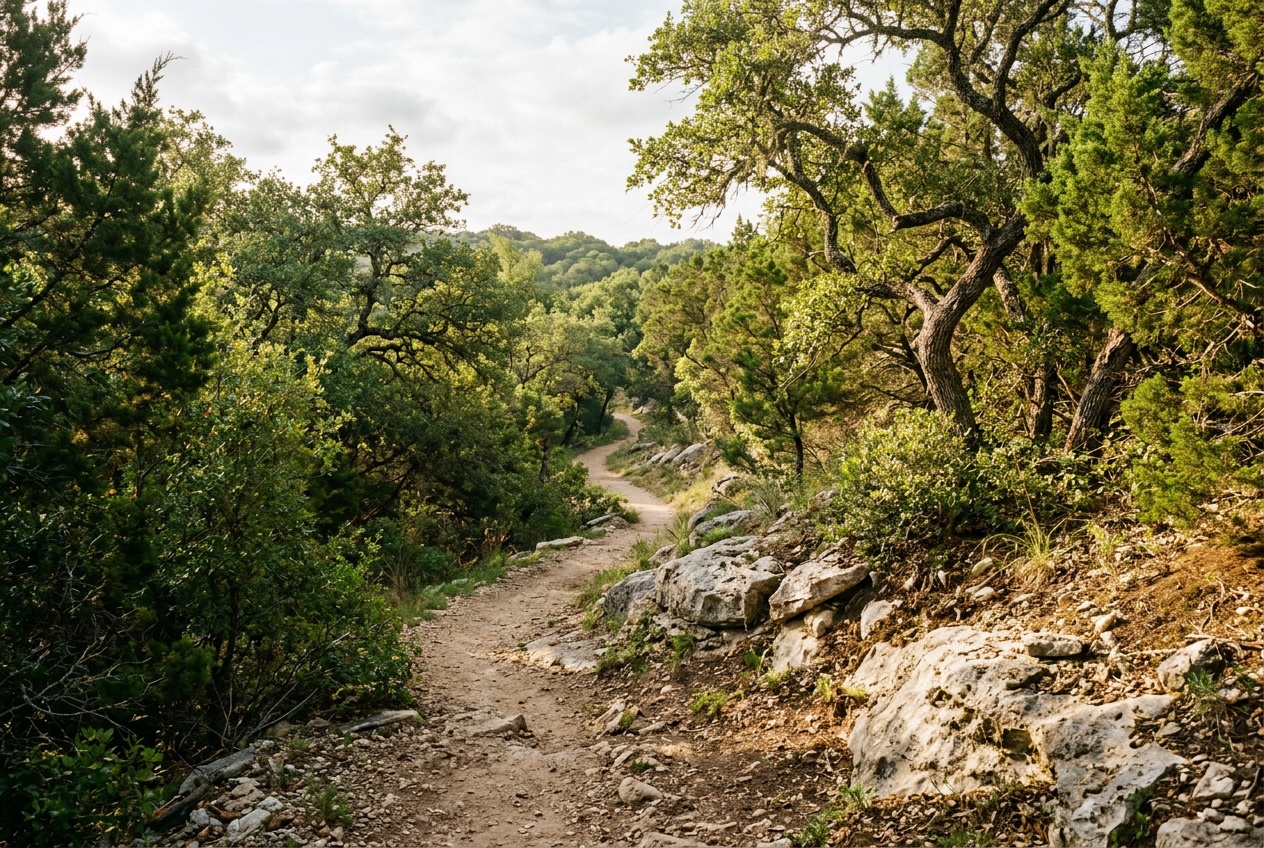 A green Hill Country greenbelt trail near Cedar Park, Texas, with oaks and limestone.