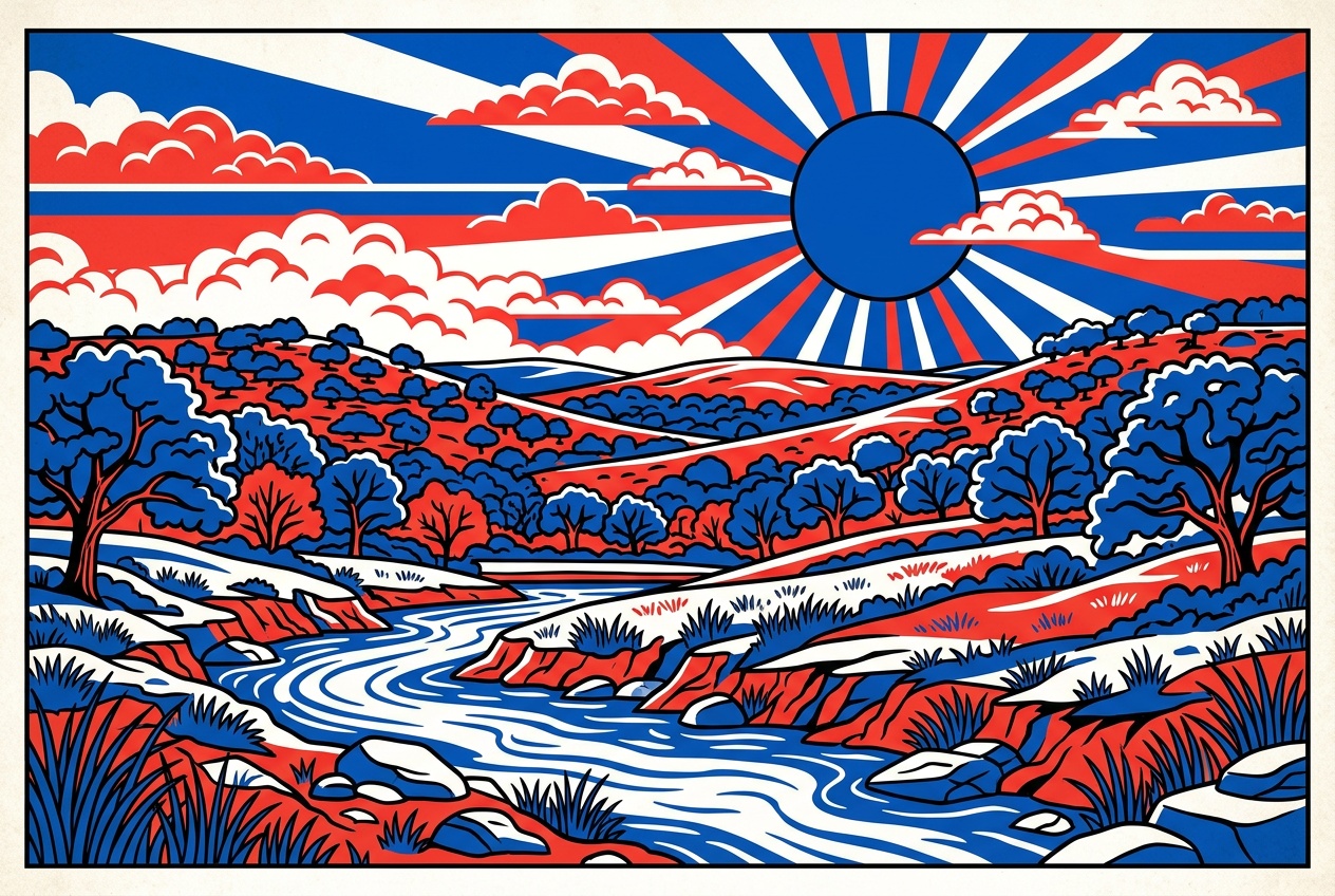 An illustrated Texas Hill Country scene near Cedar Park, Texas, with oak-covered hills and a creek.
