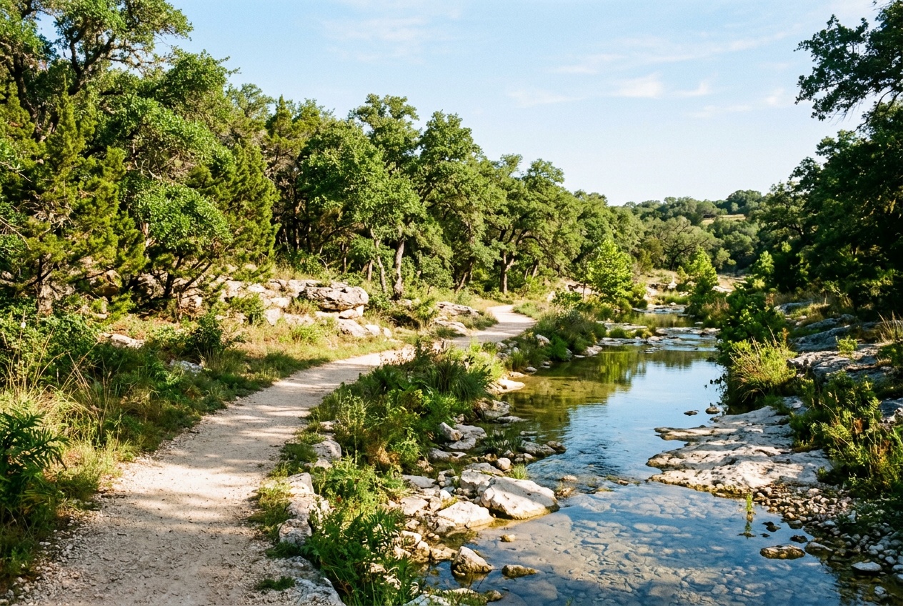 Cedar Park online home school K-12: a green creekside park trail at the Texas Hill Country edge in Cedar Park, Texas.