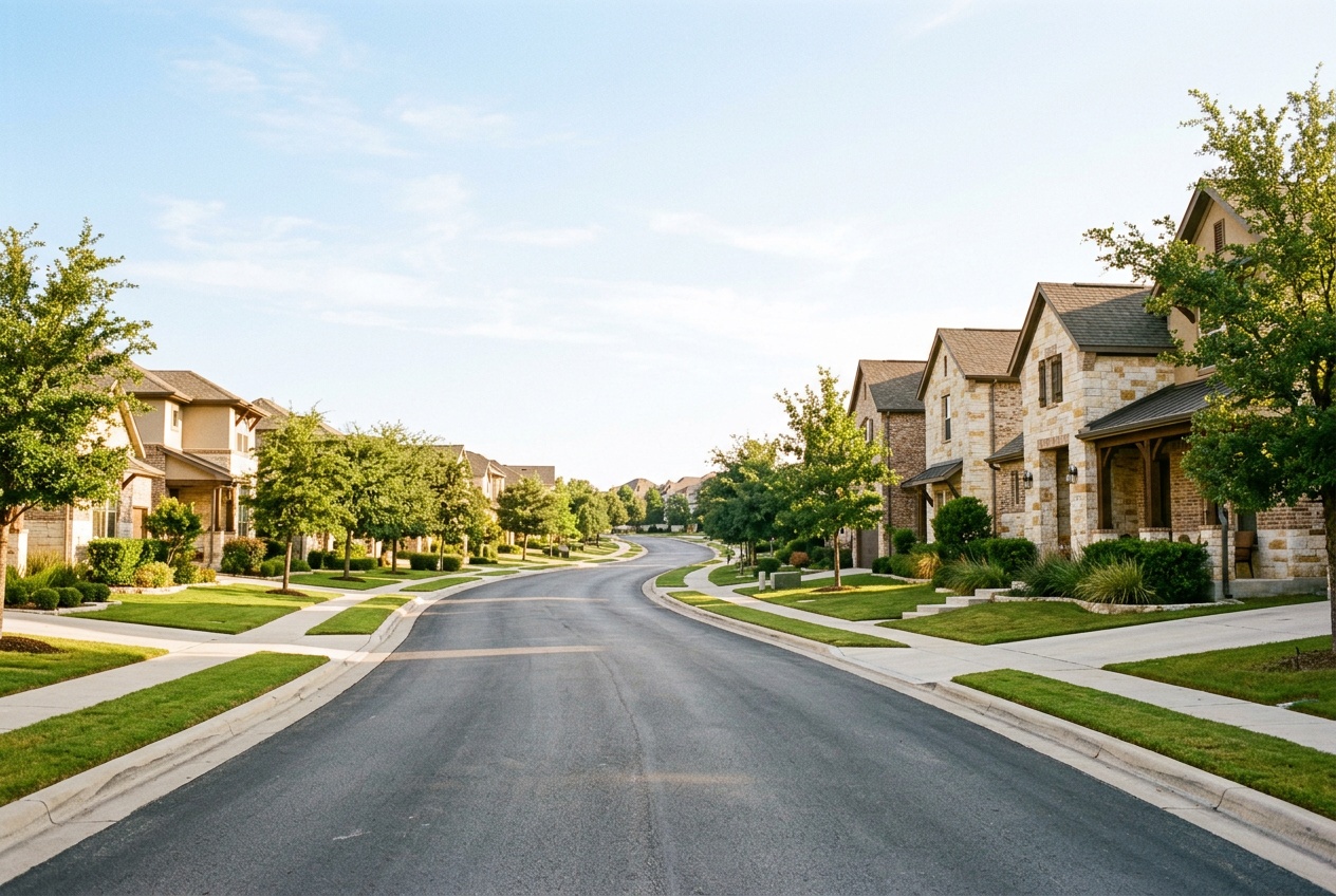 Cedar Park Texas online homeschool: an upscale newer tree-lined residential street with stone-and-brick homes in Cedar Park, Texas.