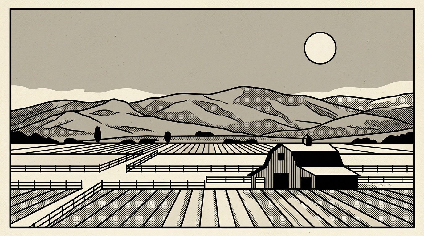 A newsprint-style illustration of the Chino dairy and farm flatland, neat fields and a barn with the Chino Hills beyond.