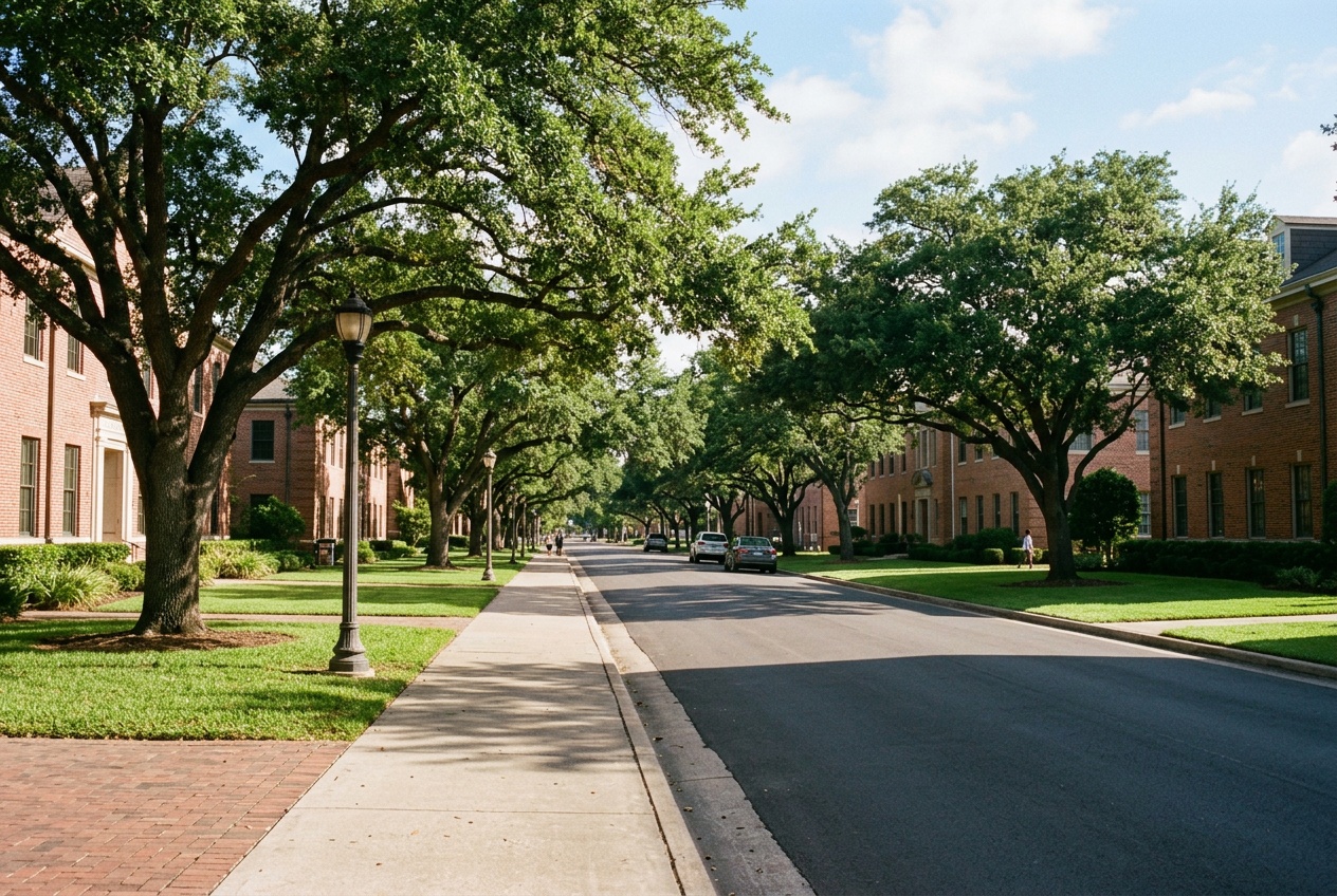 College Station online home school K-12: a tree-lined university-town street in College Station, Texas, in the Brazos Valley.