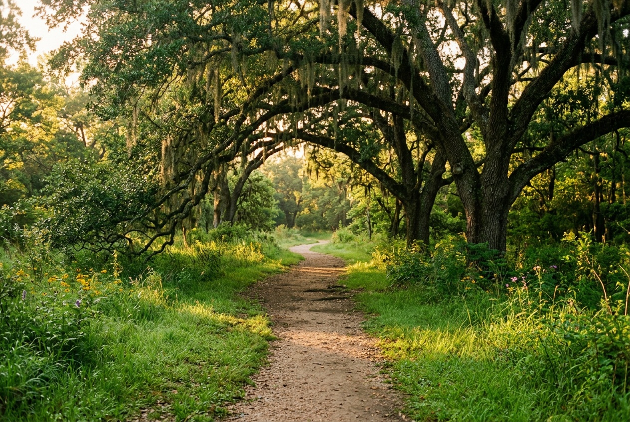 College Station Texas online homeschool: a green oak-shaded park trail in College Station, Texas, in the Brazos Valley.