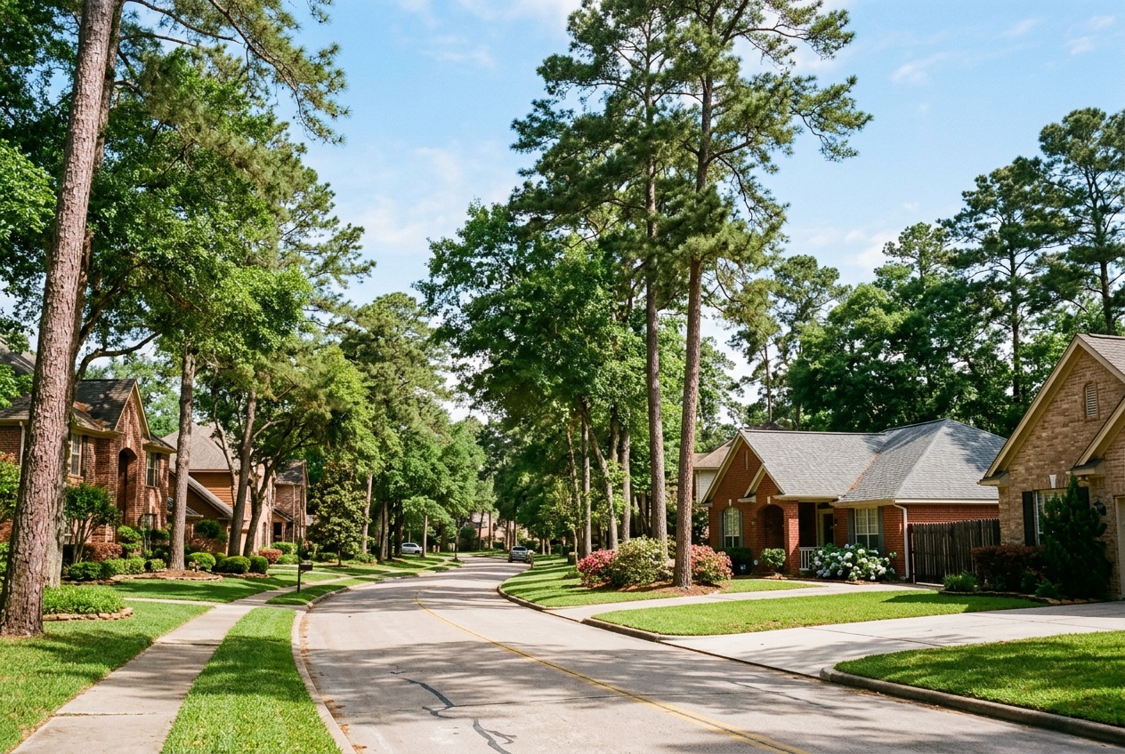 Conroe online home school K-12: an established tree-lined residential street in Conroe, Texas, among tall pines north of Houston.