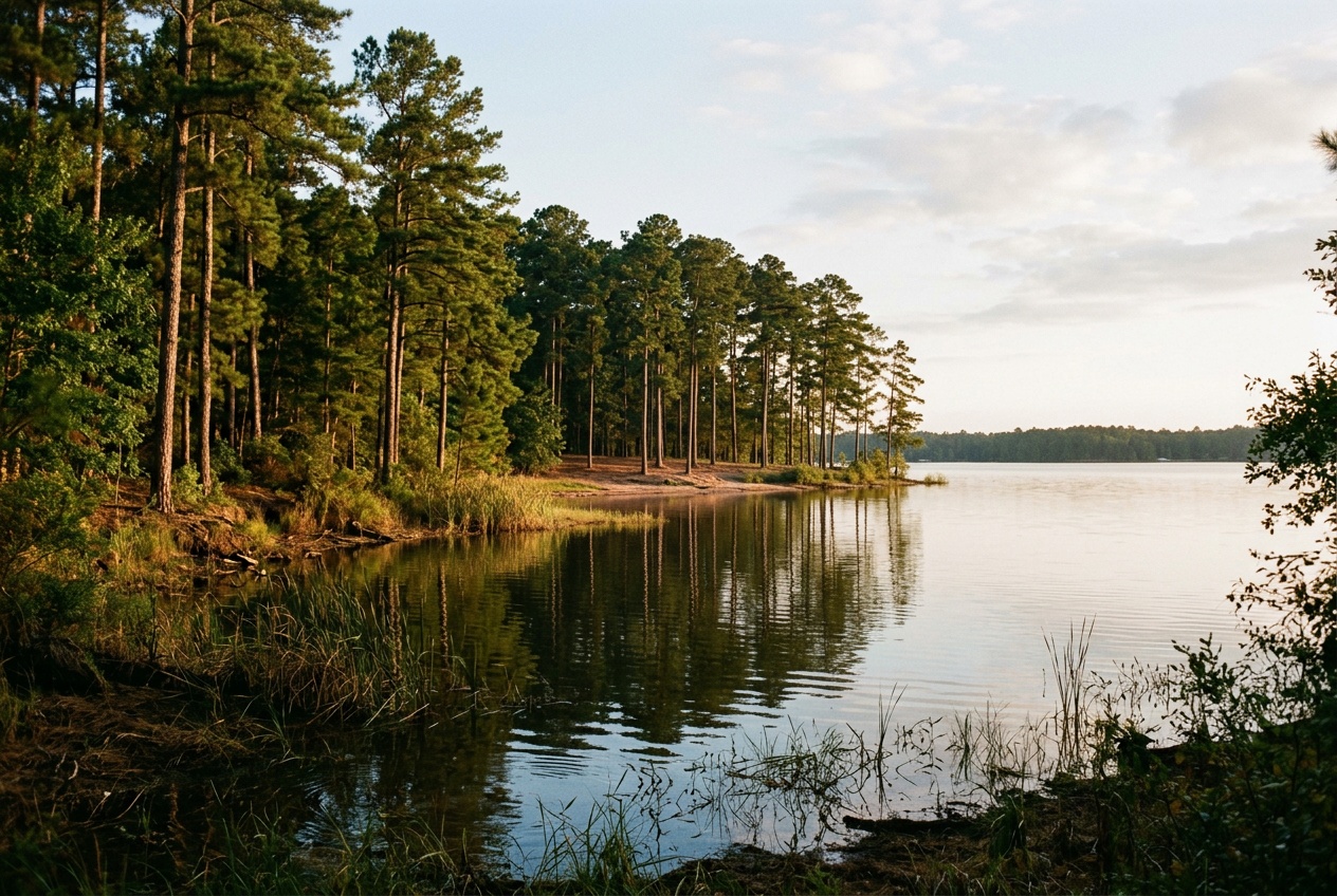 Conroe Texas online homeschool: a quiet pine-lined shore at Lake Conroe near Conroe, Texas.