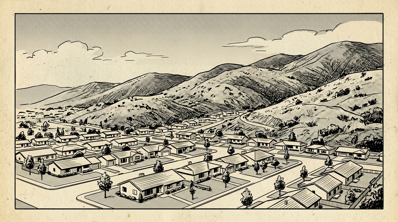 A newsprint-style illustration of a Corona foothill neighborhood with the Santa Ana Mountains rising beyond.