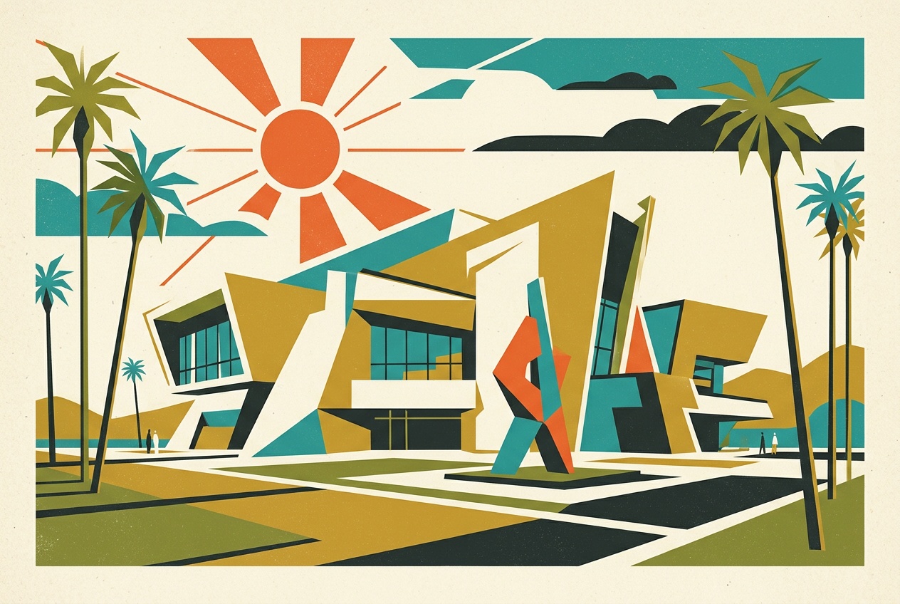 A mid-century-modern illustration of a Costa Mesa arts and design center, a bold geometric performing-arts building with palms.