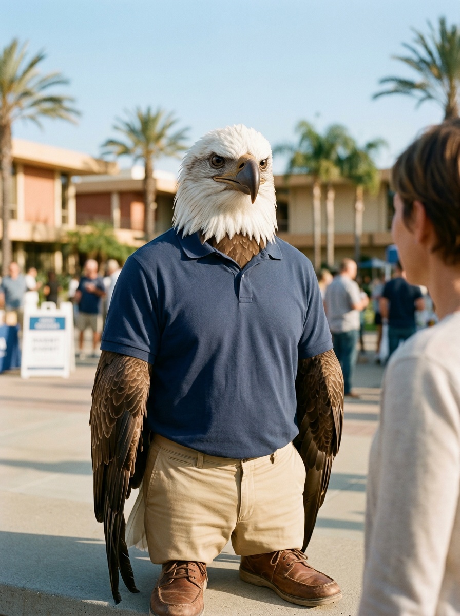 Costa Mesa K-12 online home school. Eagle, Head of School, on a clean Costa Mesa plaza with mid-century arts buildings and palms.