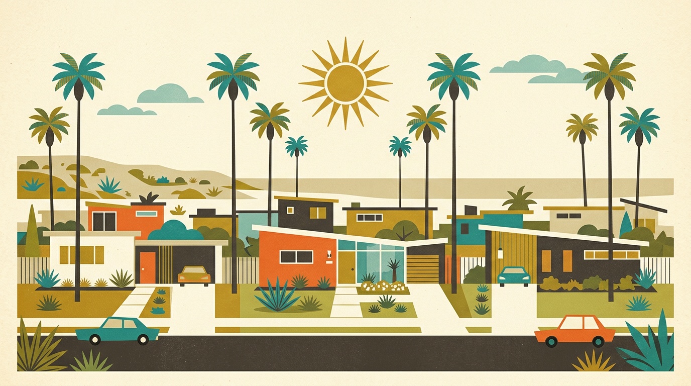A mid-century-modern illustration of a Costa Mesa Orange County neighborhood, flat-roofed homes, palms and low hills.