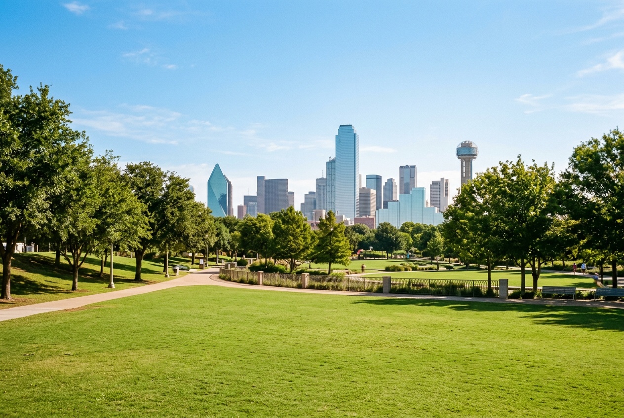Dallas online home school K-12: a green park with the downtown Dallas, Texas skyline rising in the distance.