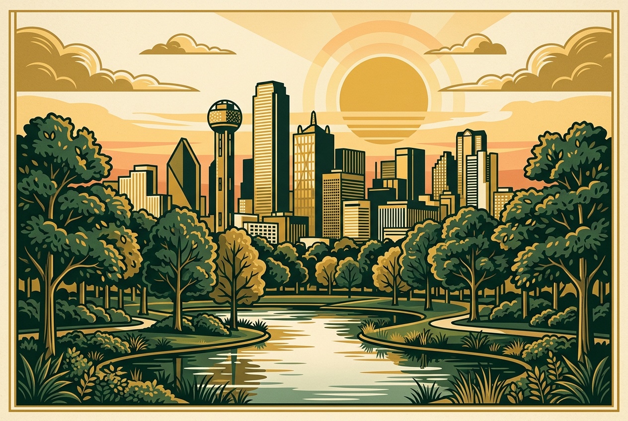 An illustrated view of the downtown Dallas, Texas skyline behind a green tree-lined park and pond.