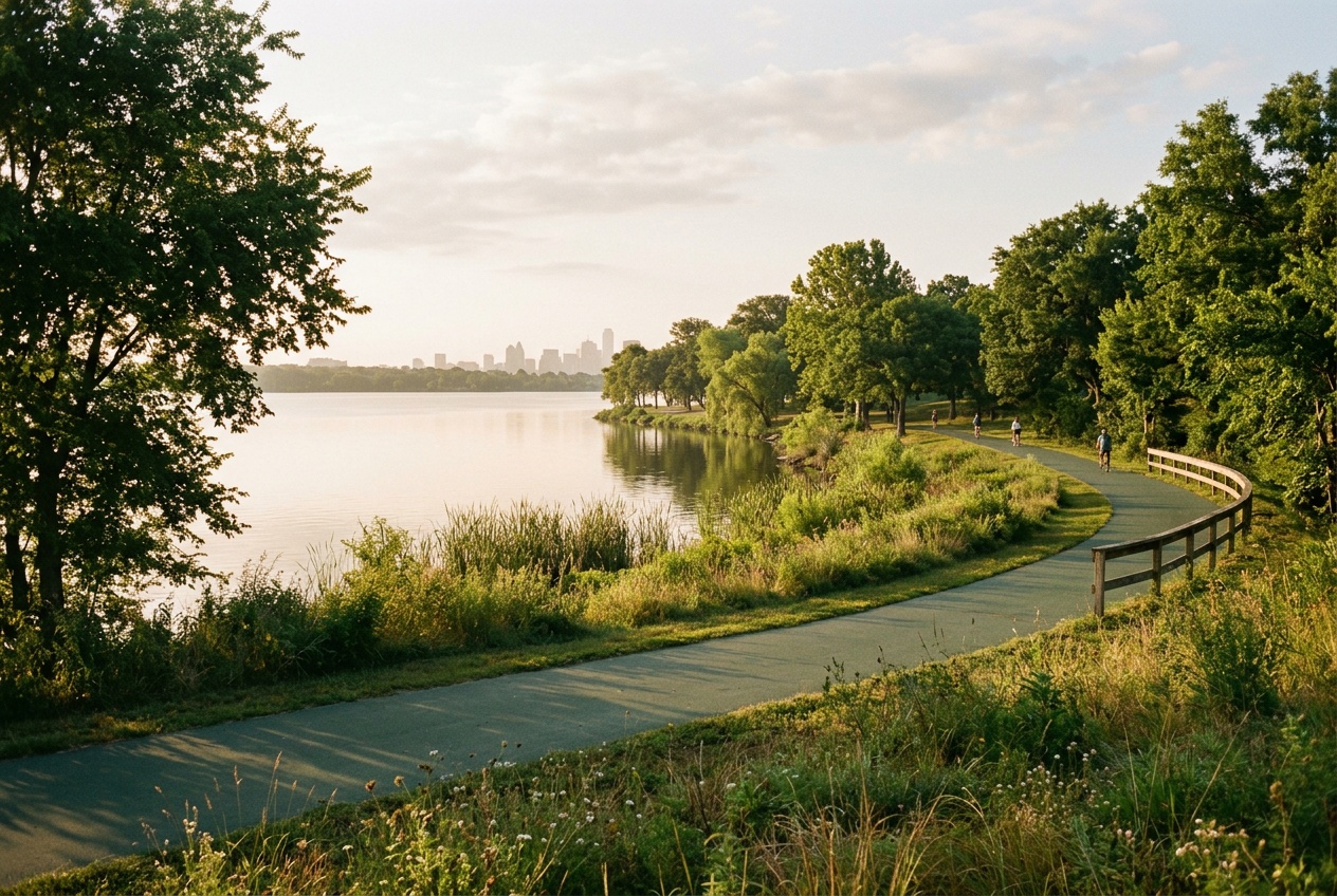 A green trail along White Rock Lake in Dallas, Texas with the skyline faint in the distance.