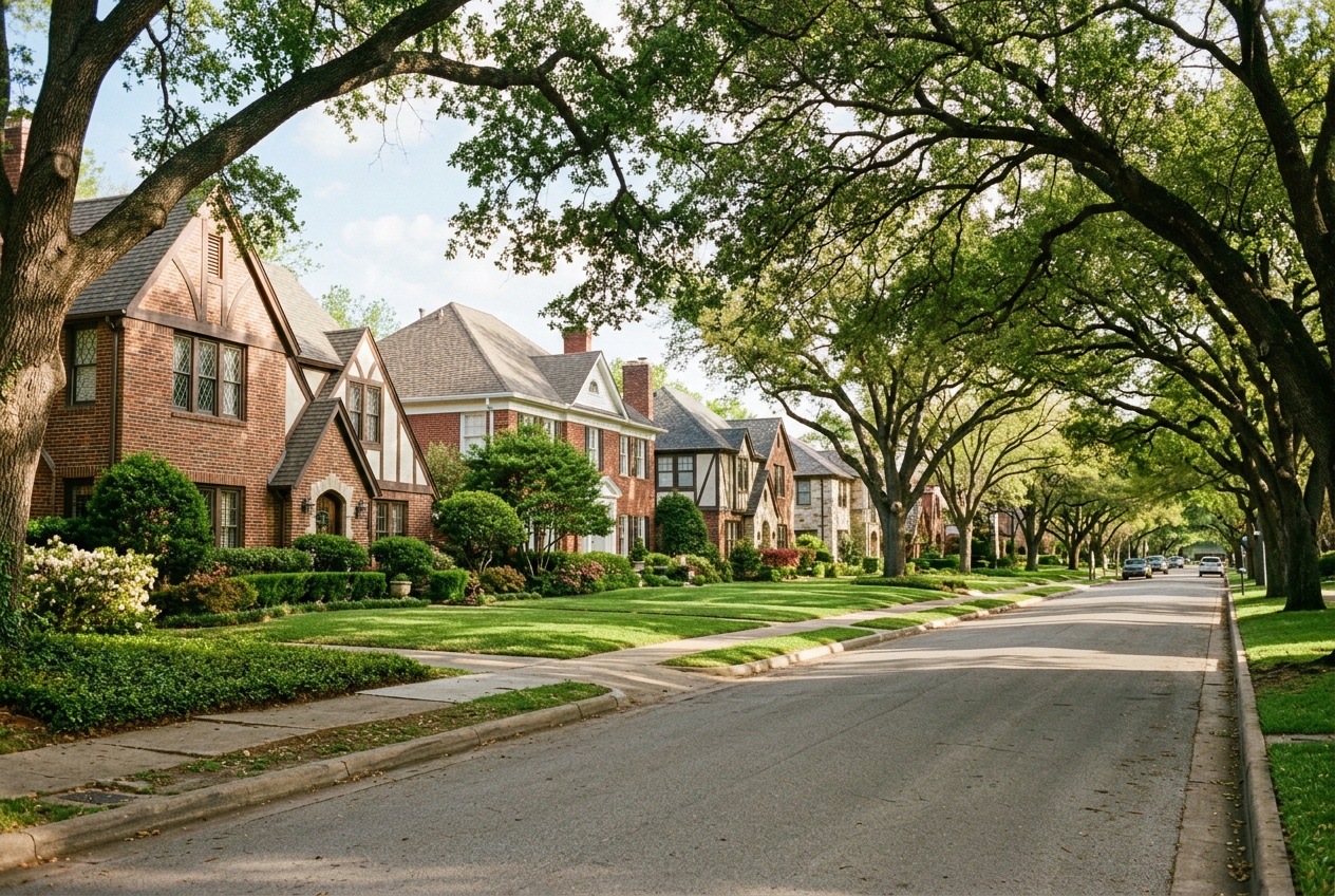 Dallas Texas online homeschool: an established tree-lined residential street with brick homes in a Dallas, Texas neighborhood.