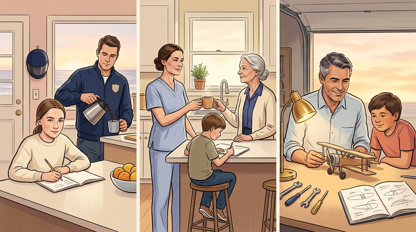 Daytona Beach K-12 online home school comic strip: race-morning kitchen, Halifax Health shift handoff, and Embry-Riddle aerospace parent in a garage workshop