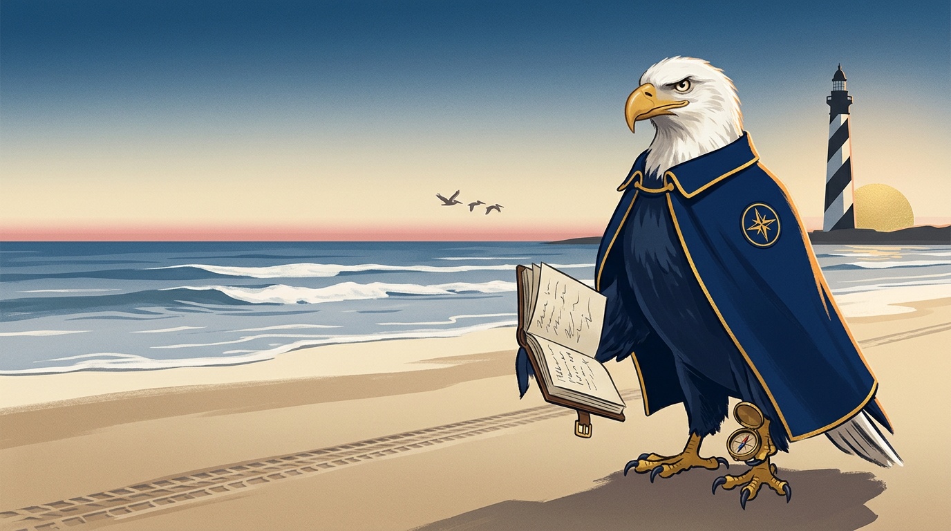 Daytona Beach K-12 online home school Eagle illustration at dawn on the hard-packed Daytona sand with the Ponce Inlet Lighthouse on the horizon